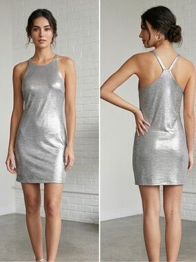 WHBM Silver Metallic Halter Bodycon Dress S Strappy Back Above Knee Party NWT